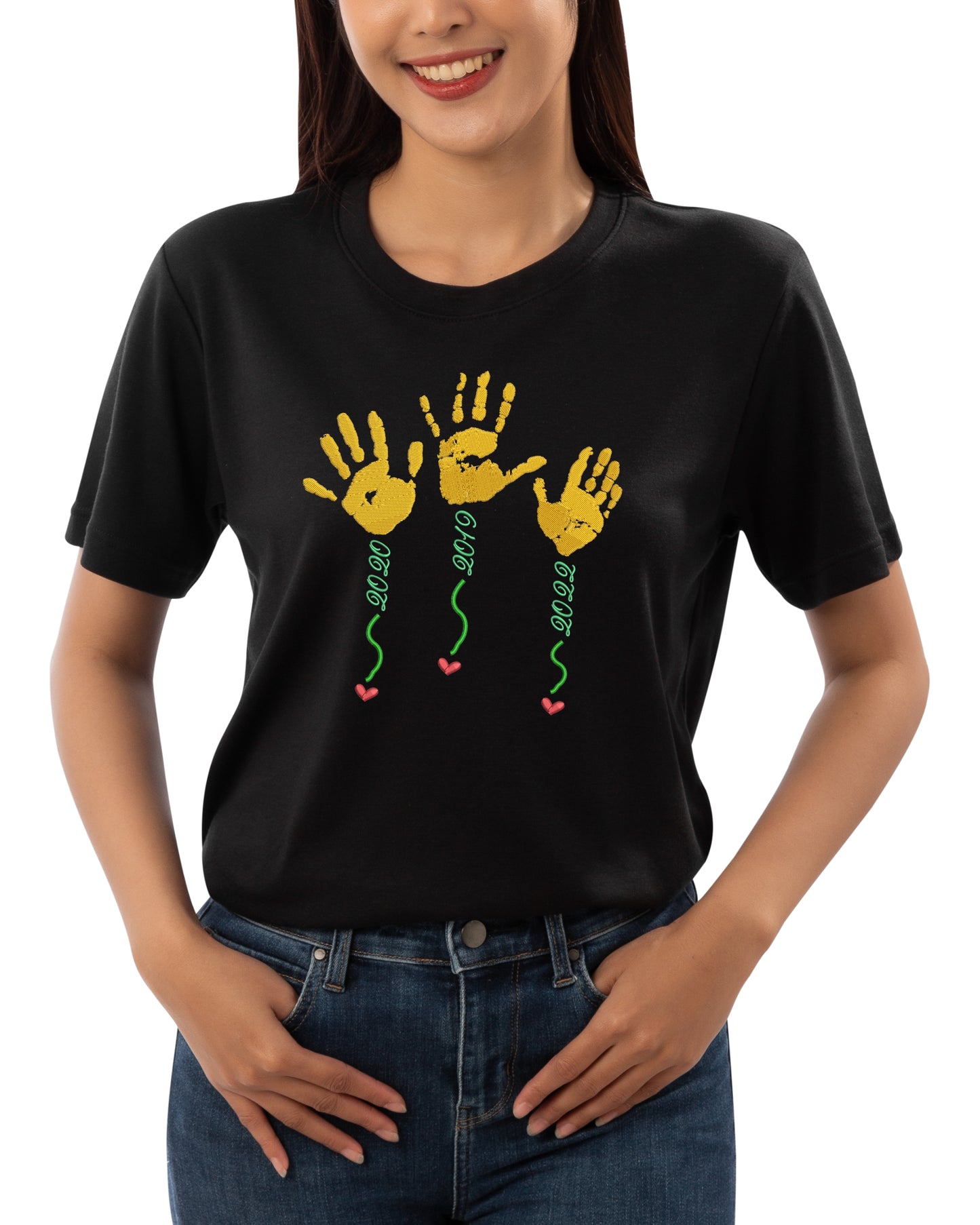 besticktes Shirt Kinderzeichnung Handabdruck auf Textil Kinderbild Druck DTF gestickte Zeichnung