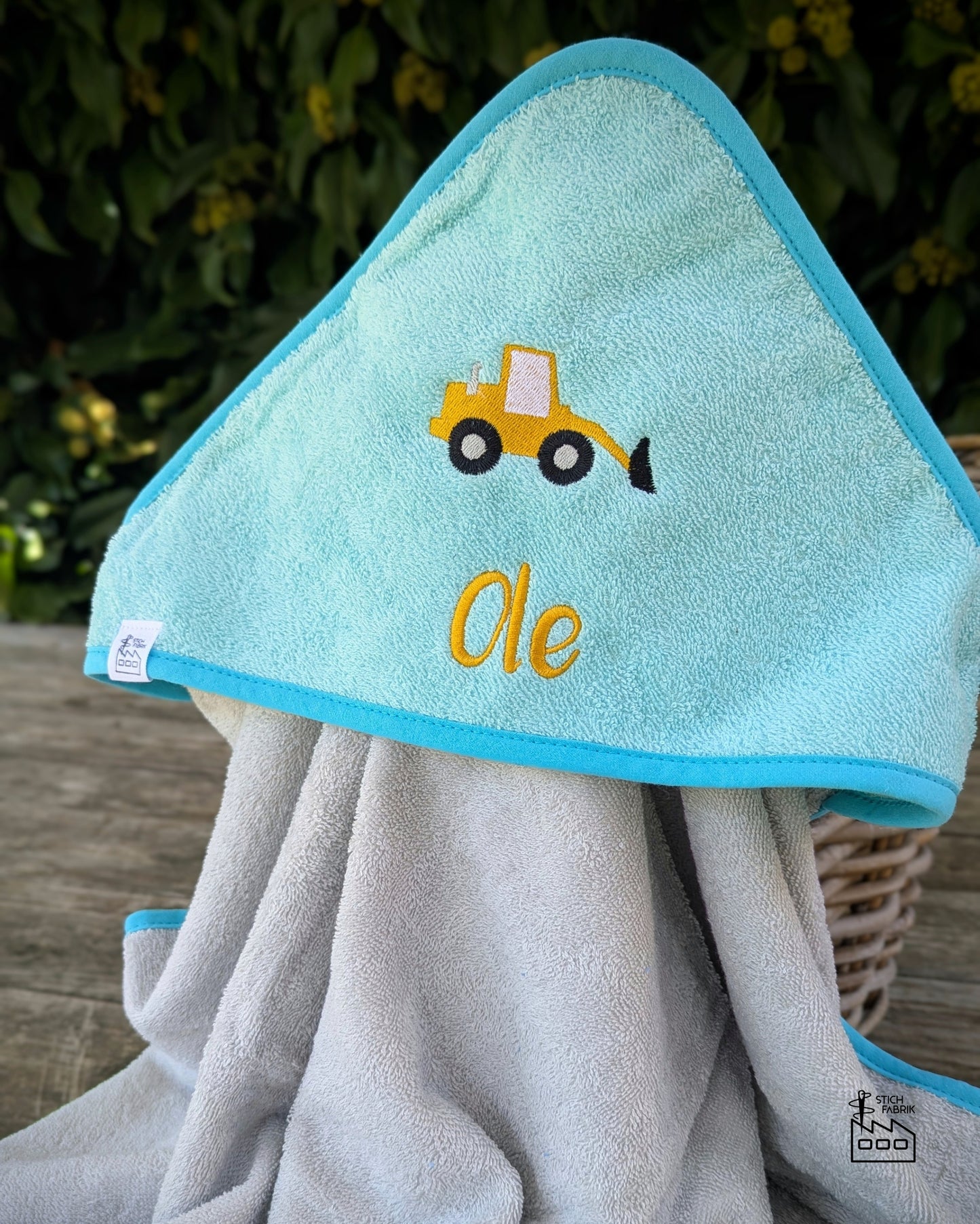 Kapuzenhandtuch, Kapuzentuch, Duschtuch Baby Kleinkind, Badetuch personalisiert mit Name Radlader