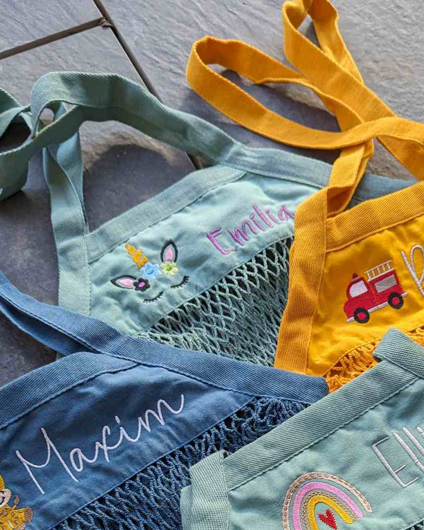 Netztasche Sandkastenbeutel Sandeltasch mit Motiv bestickt