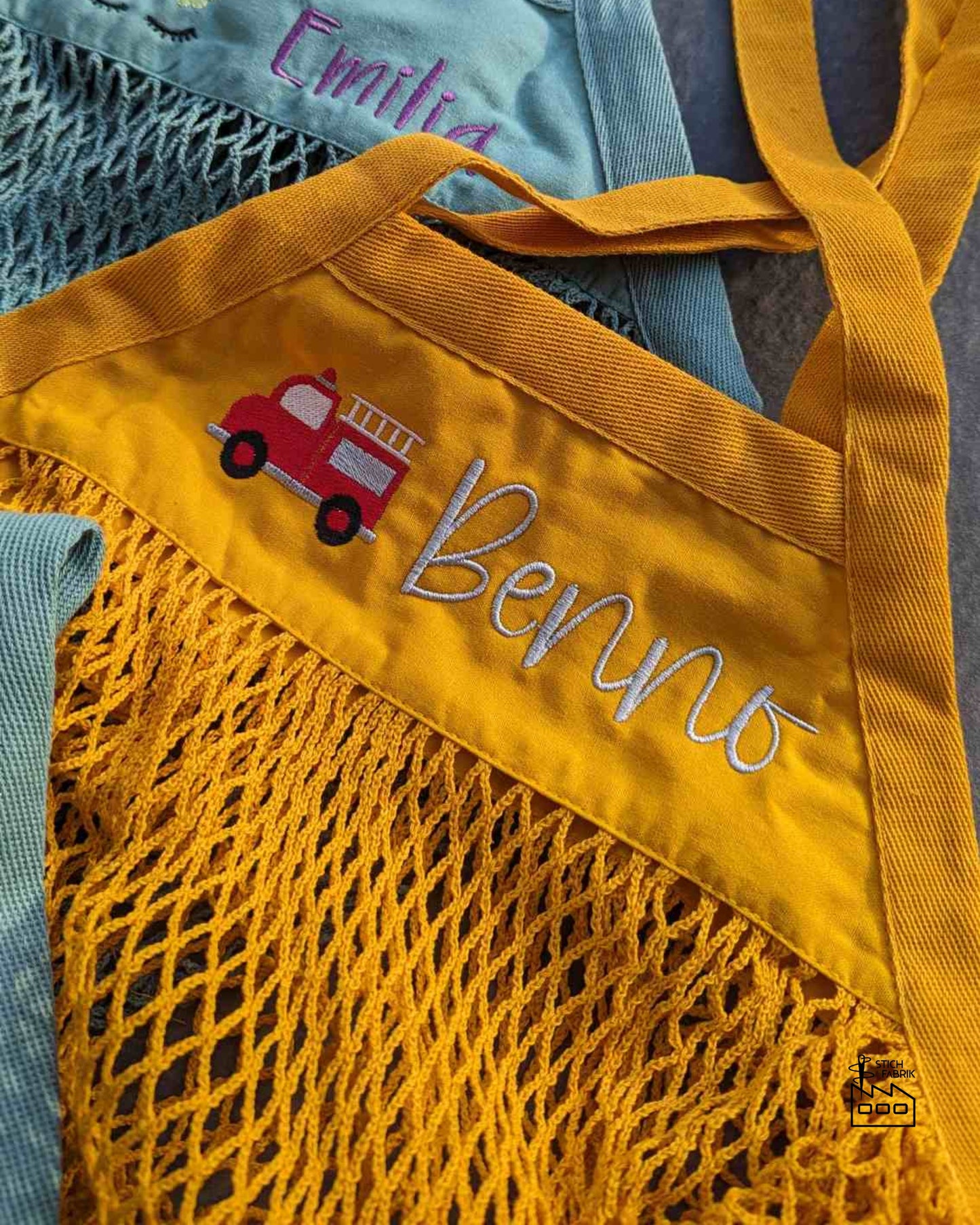 Netztasche Sandkastenbeutel Sandeltasche Sandkastentasche personalisiert bestickt