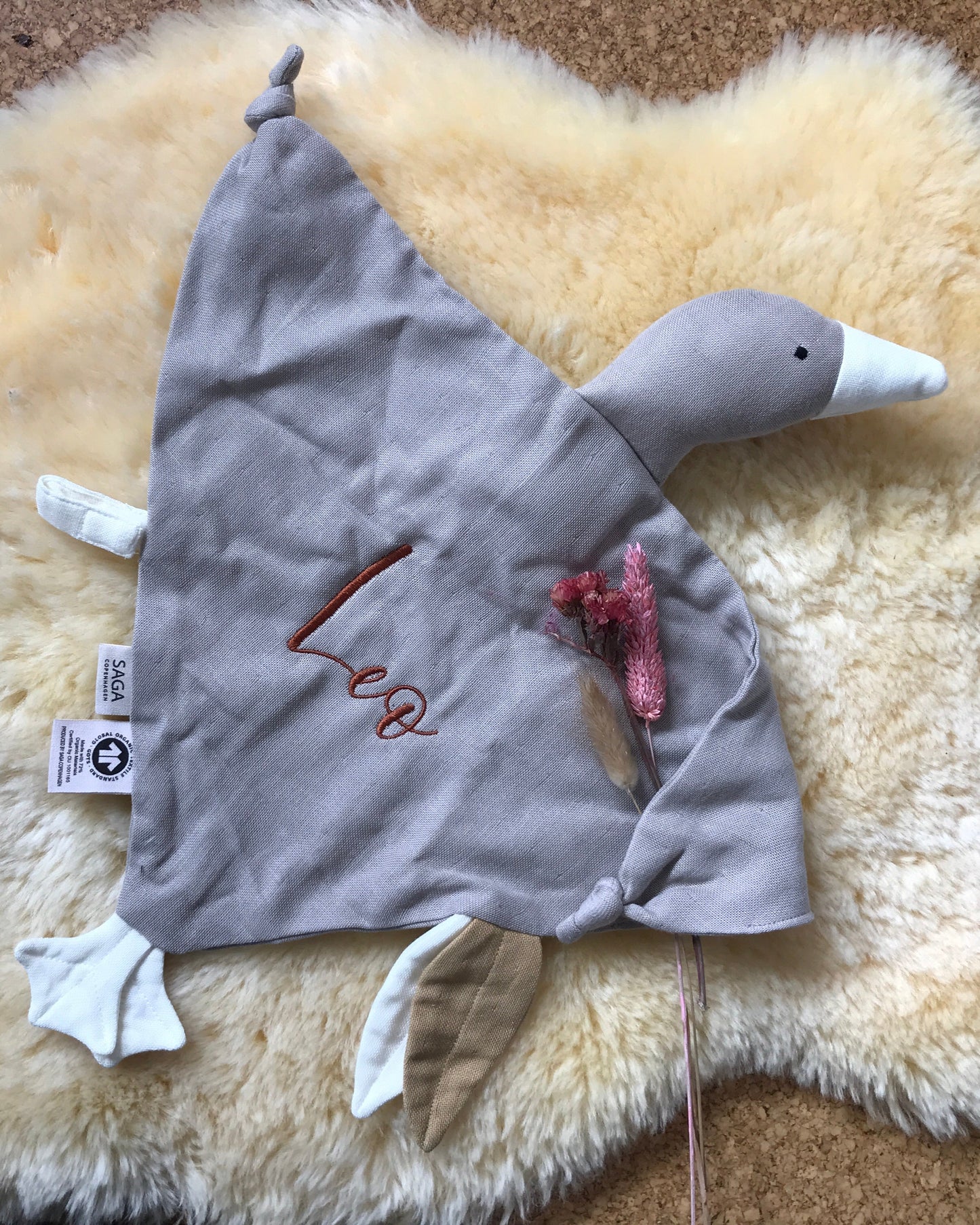 Schmusegans Kuschelgans Kuscheltier Gans Vogel Schnullerhalter bestickt mit Name personalisiert