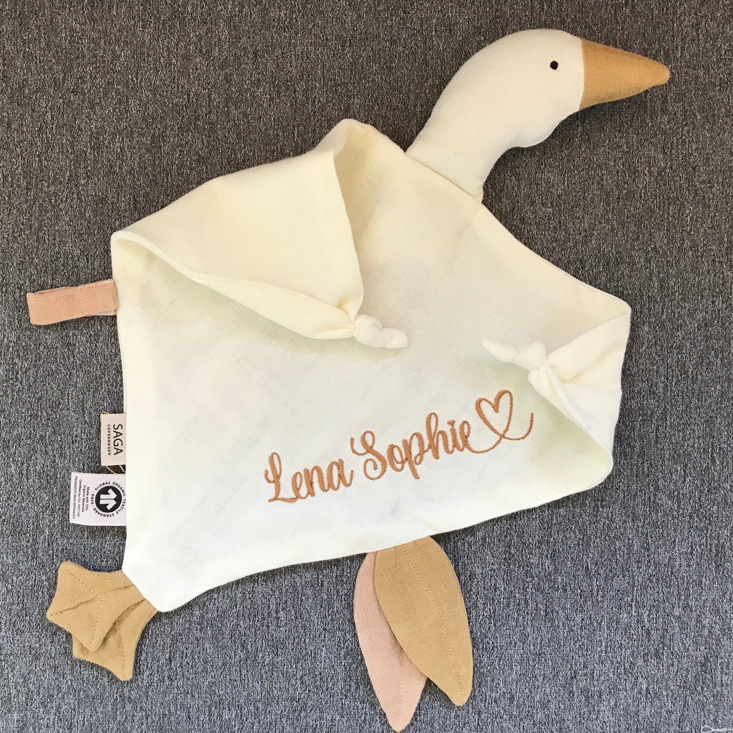 Schmusegans Kuschelgans Kuscheltier Gans Vogel Schnullerhalter bestickt mit Name personalisiert