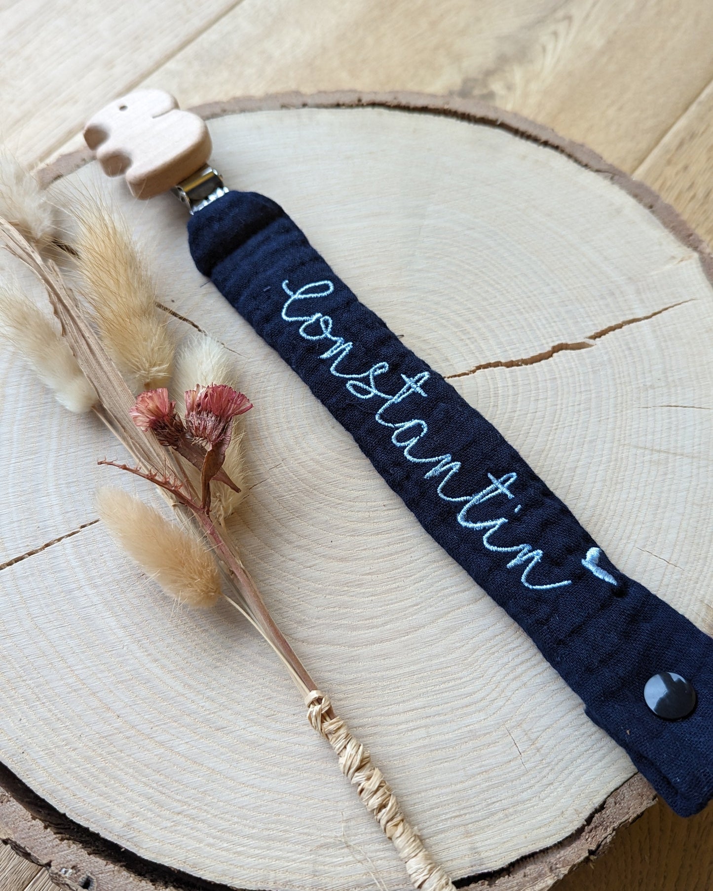 Schnullerband aus Musselin mit Elefantenclip Holzclip natur Bio
