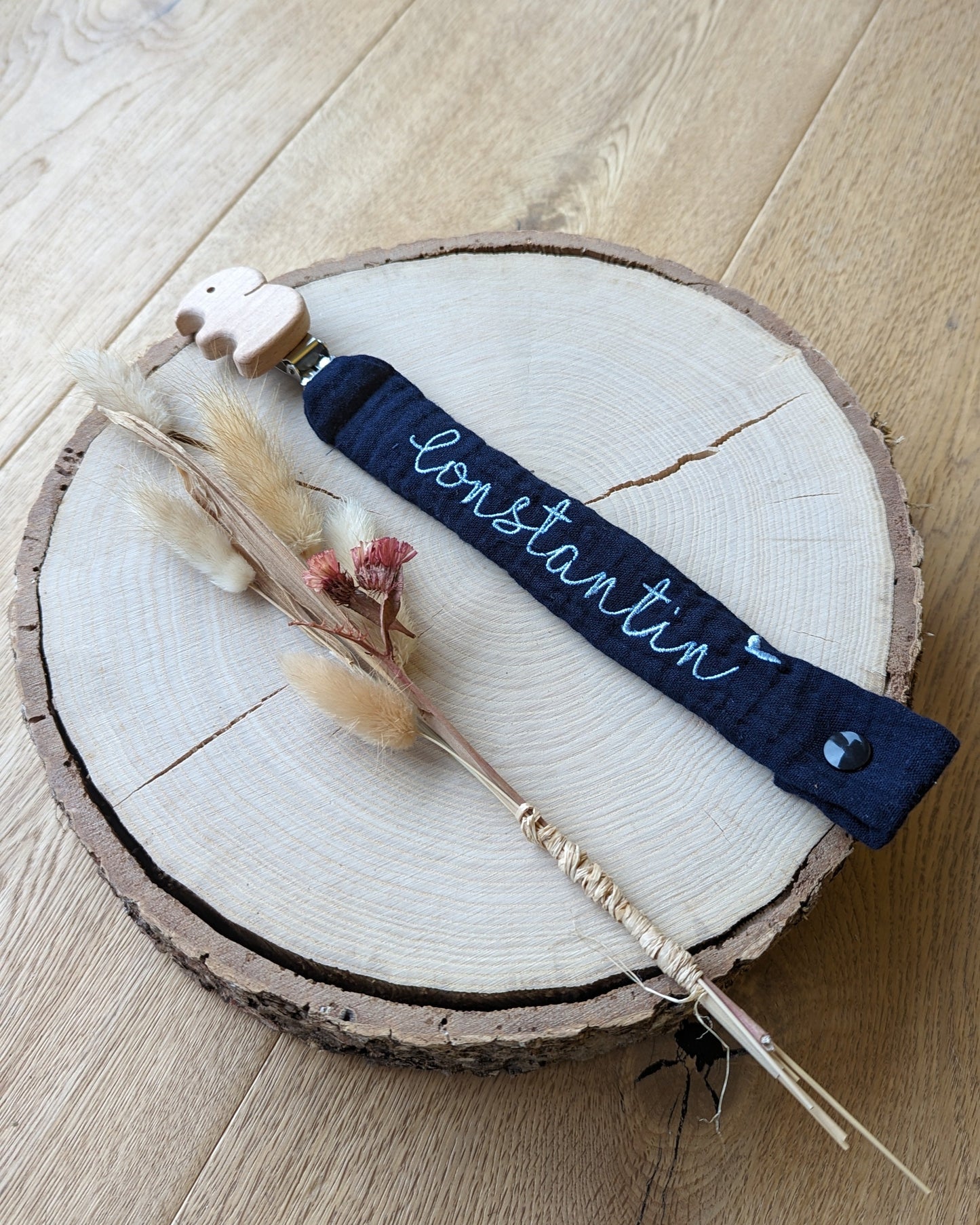 Schnullerband aus Musselin mit Elefantenclip Holzclip natur Bio