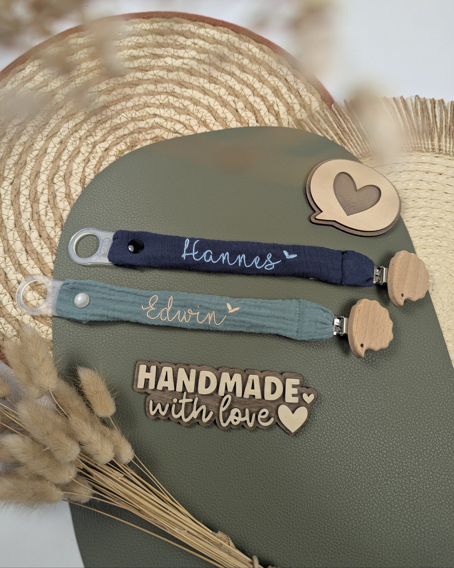 Schnullerband aus Musselin Holzclip Tierform Schnullerhalter Schnullerkette Nuckikette