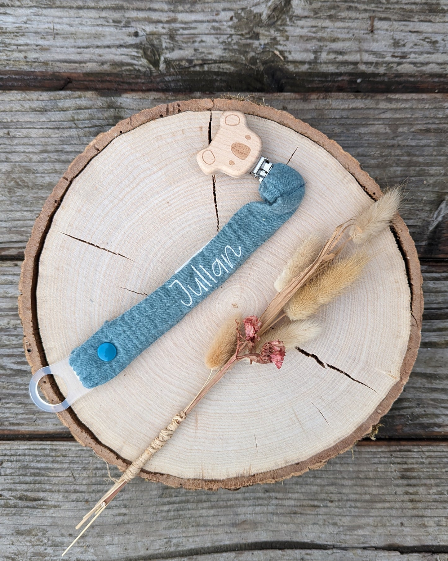 Schnullerband aus Musselin mit Koalaclip Holzclip natur Bio