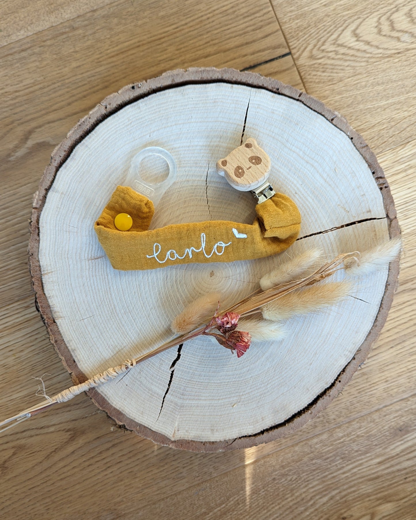 Schnullerband aus Musselin mit Pandaclip Holzclip natur Bio
