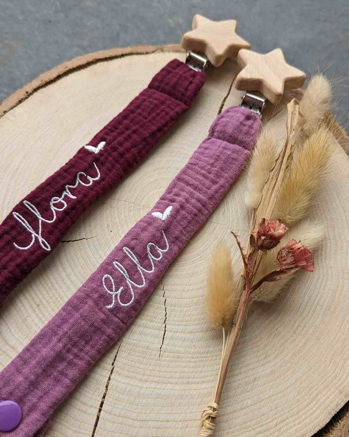 Schnullerband aus Musselin mit Sternclip Holzclip natur Bio