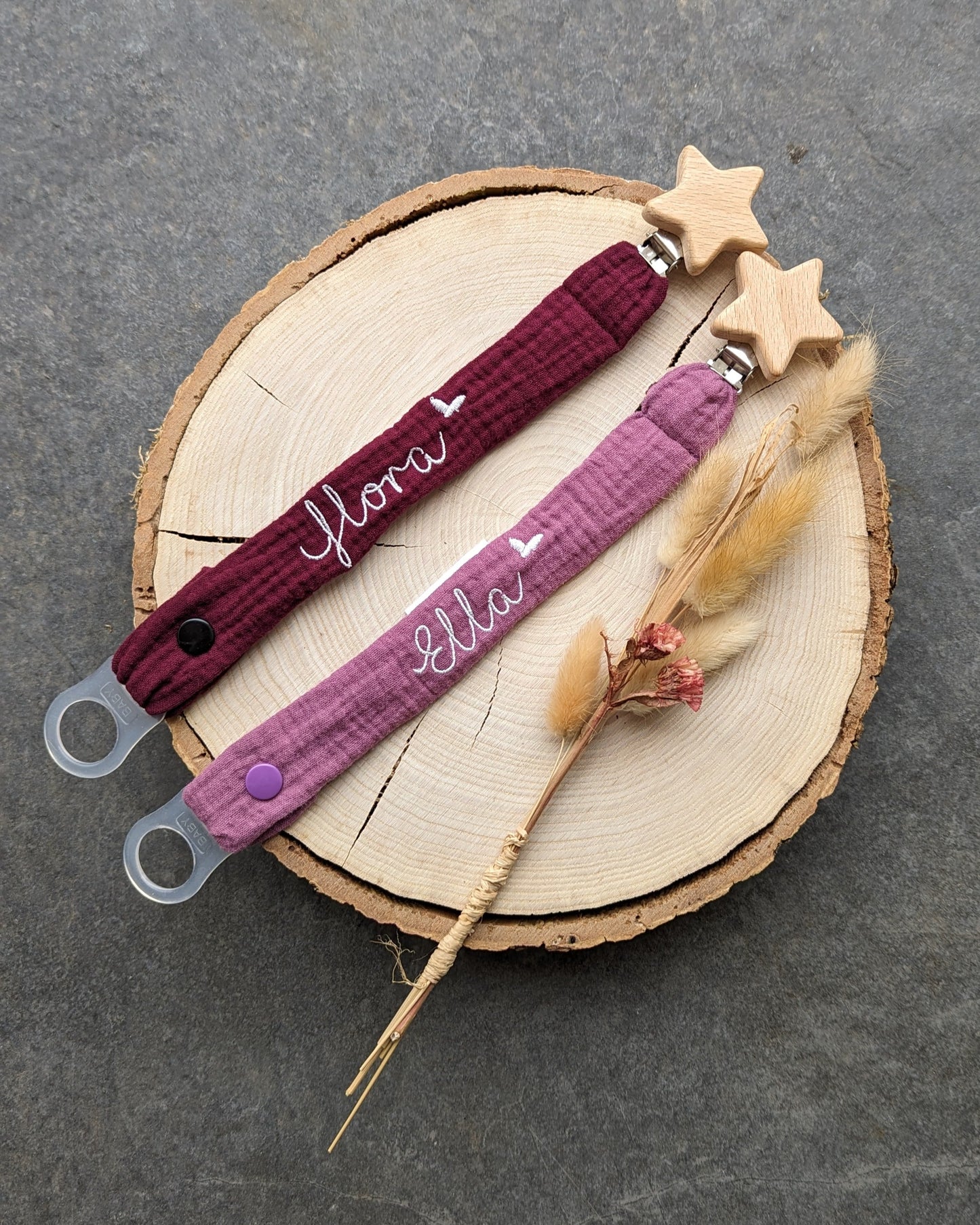 Schnullerband aus Musselin mit Sternclip Holzclip natur Bio