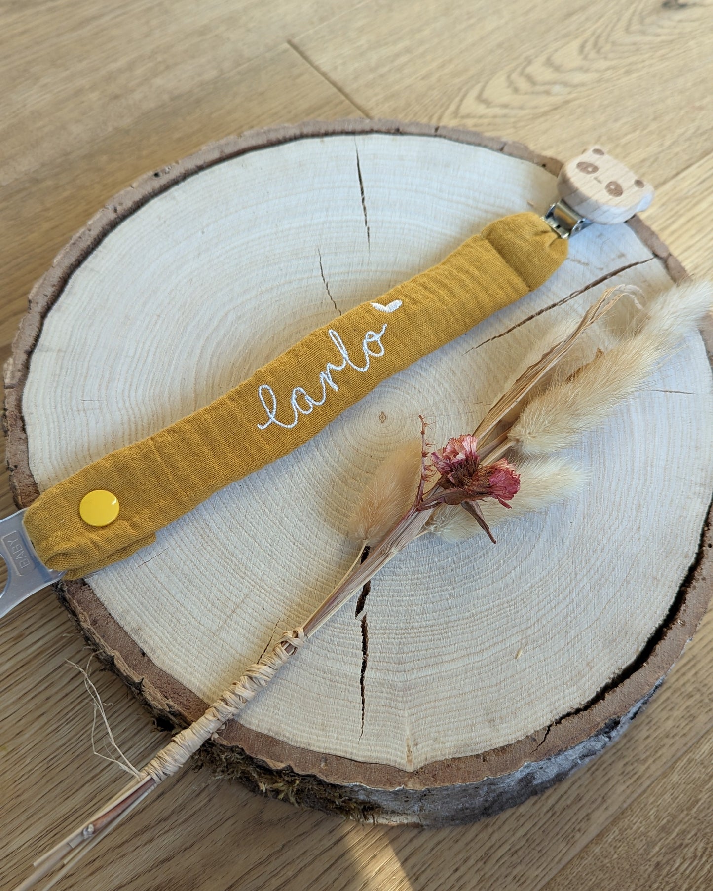 Schnullerband aus Musselin mit Pandaclip Holzclip natur Bio