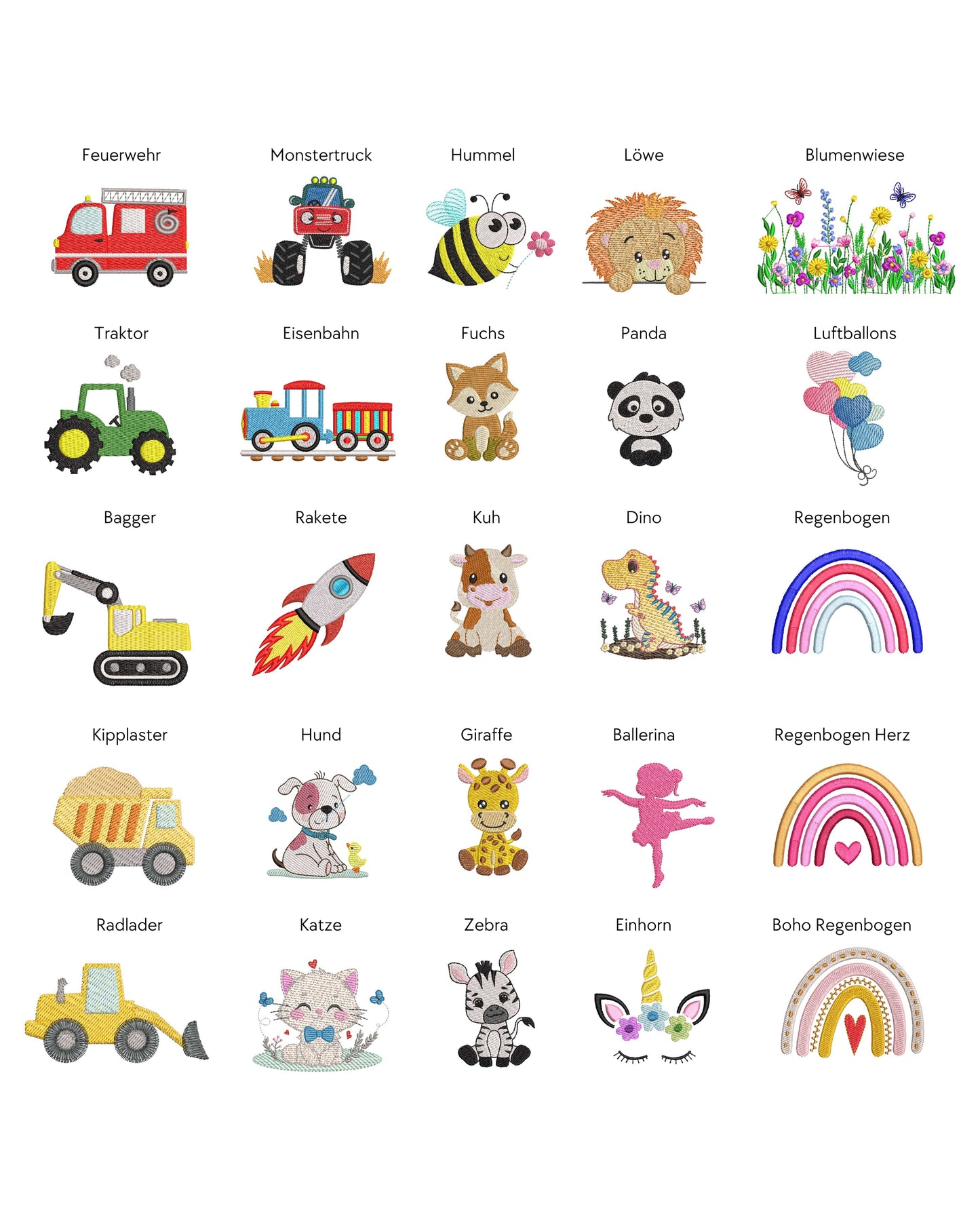 Motivauswahl Stickmotive Bilder Aufdruck Tiermotiv Traktor Baumaschinen Prinzessin