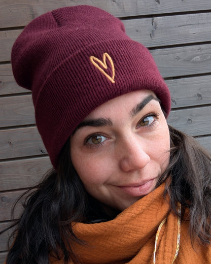 Beanie Mütze Wintermütze Strickmütze bestickt Patch Kunstleder Label