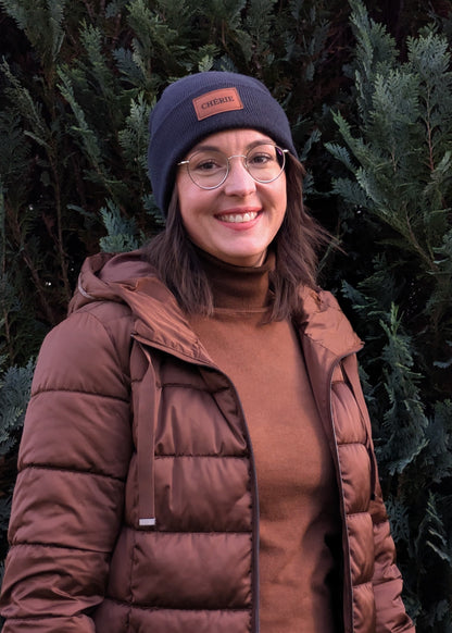 Hipster Beanie Mütze Wintermütze mit Label Kunstleder Lederlabel Patch