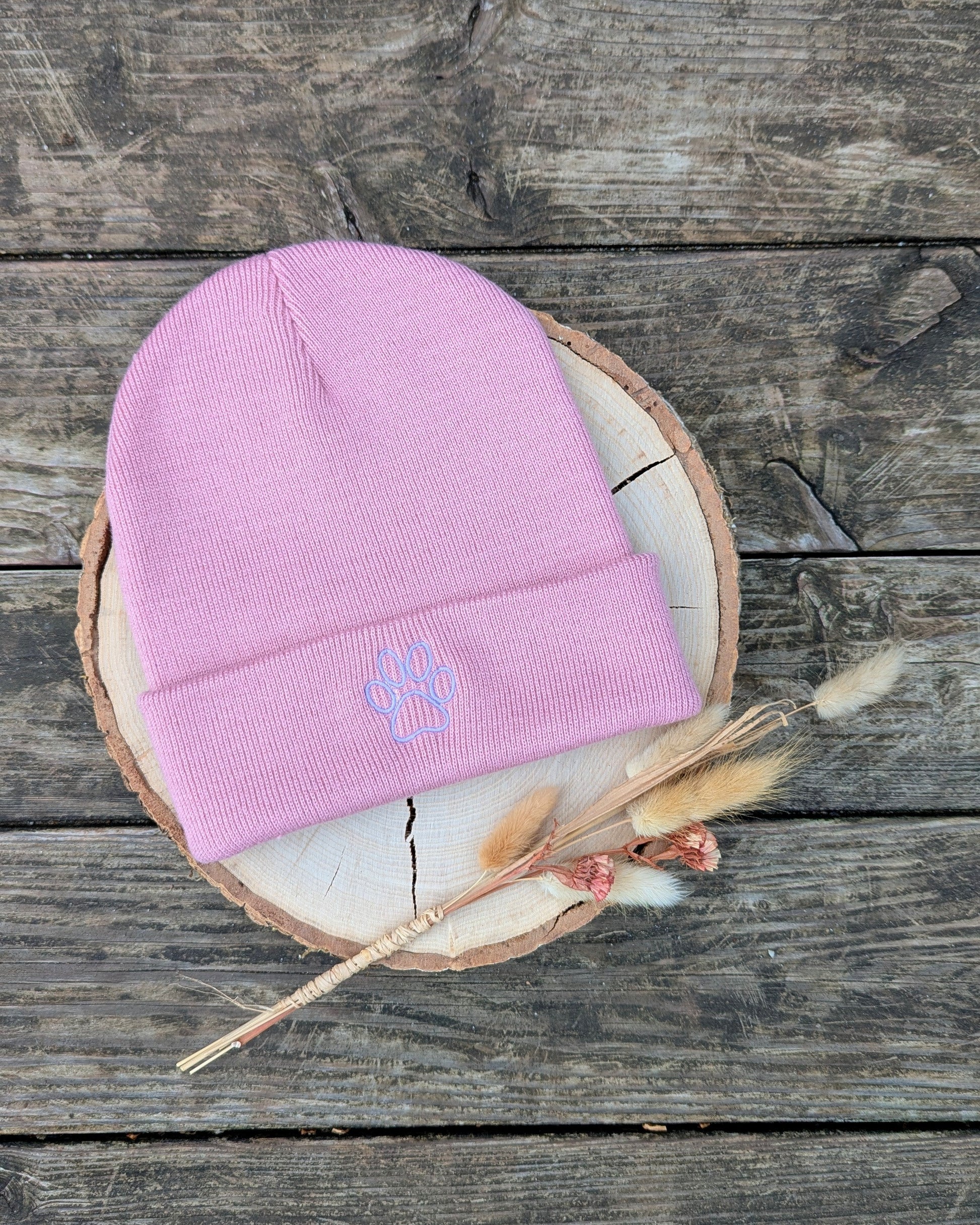 Hipster Beanie bestickt personalisiert Mütze Strickmütze Hund Pfote