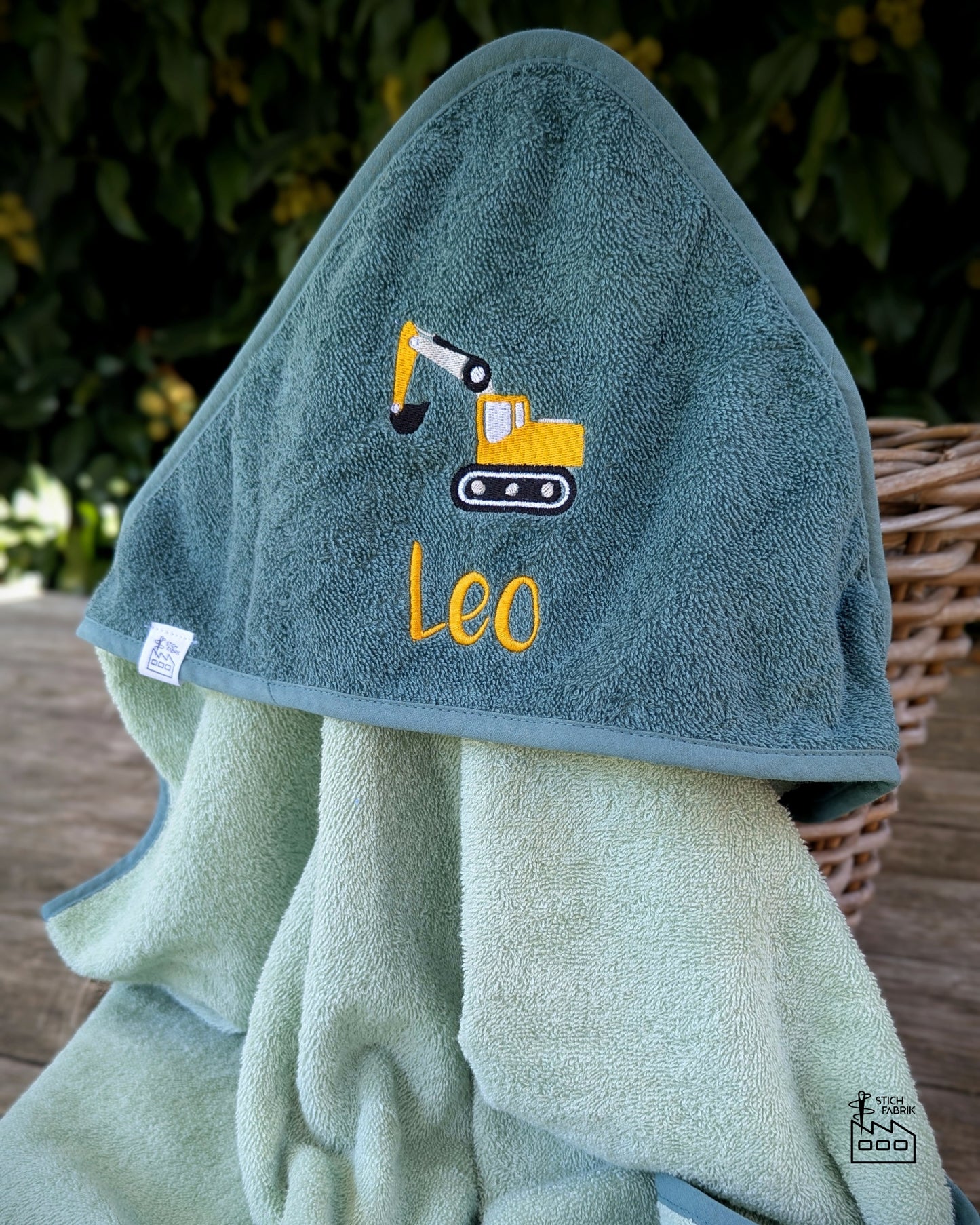 Kapuzenhandtuch, Kapuzentuch, Duschtuch Baby Kleinkind, Badetuch personalisiert mit Name, Bagger Traktor Radlader Kran Baufahrzeuge
