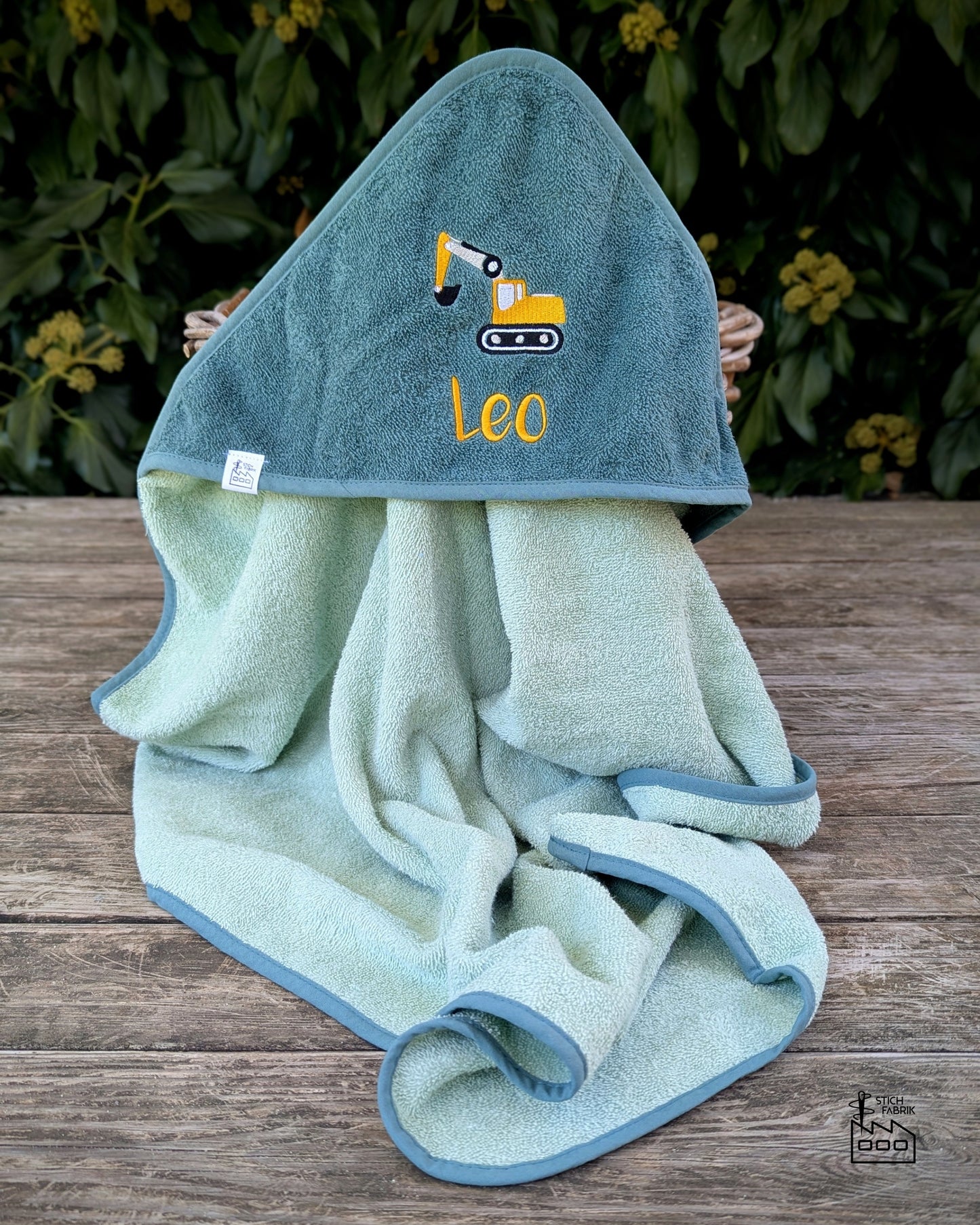 Kapuzenhandtuch, Kapuzentuch, Duschtuch Baby Kleinkind, Badetuch personalisiert mit Name, Bagger Traktor Baufahrzeuge 