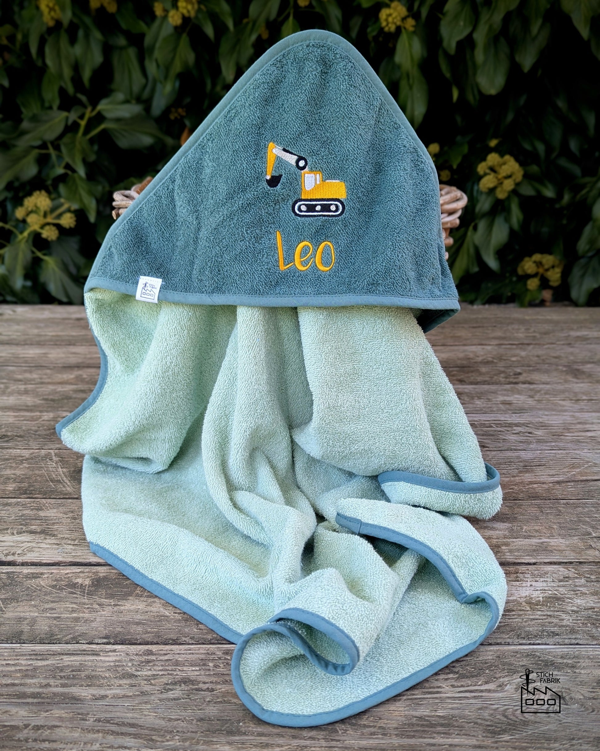 Kapuzenhandtuch, Kapuzentuch, Duschtuch Baby Kleinkind, Badetuch personalisiert mit Name, Bagger Traktor Baufahrzeuge 