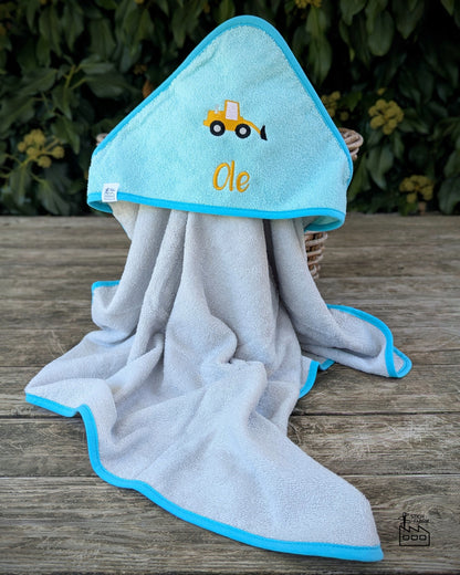 Kapuzenhandtuch, Kapuzentuch, Duschtuch Baby Kleinkind, Badetuch personalisiert mit Name Radlader Bagger Traktort