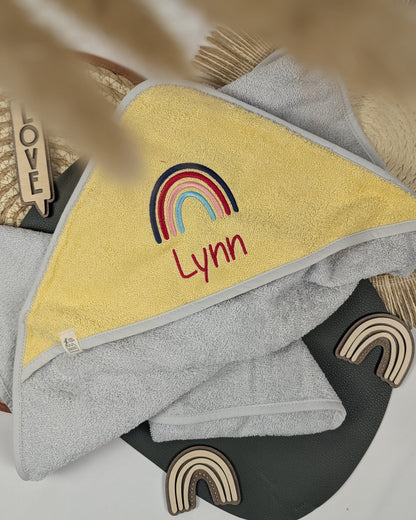 Kapuzenhandtuch Badetuch Baby Handtuch Duschtuch Kapuze bestickt mit Name und Regenbogen