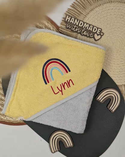Kapuzenhandtuch Badetuch Baby Handtuch Duschtuch Kapuze bestickt mit Name und Tier Regenbogen Motiv personalisiert