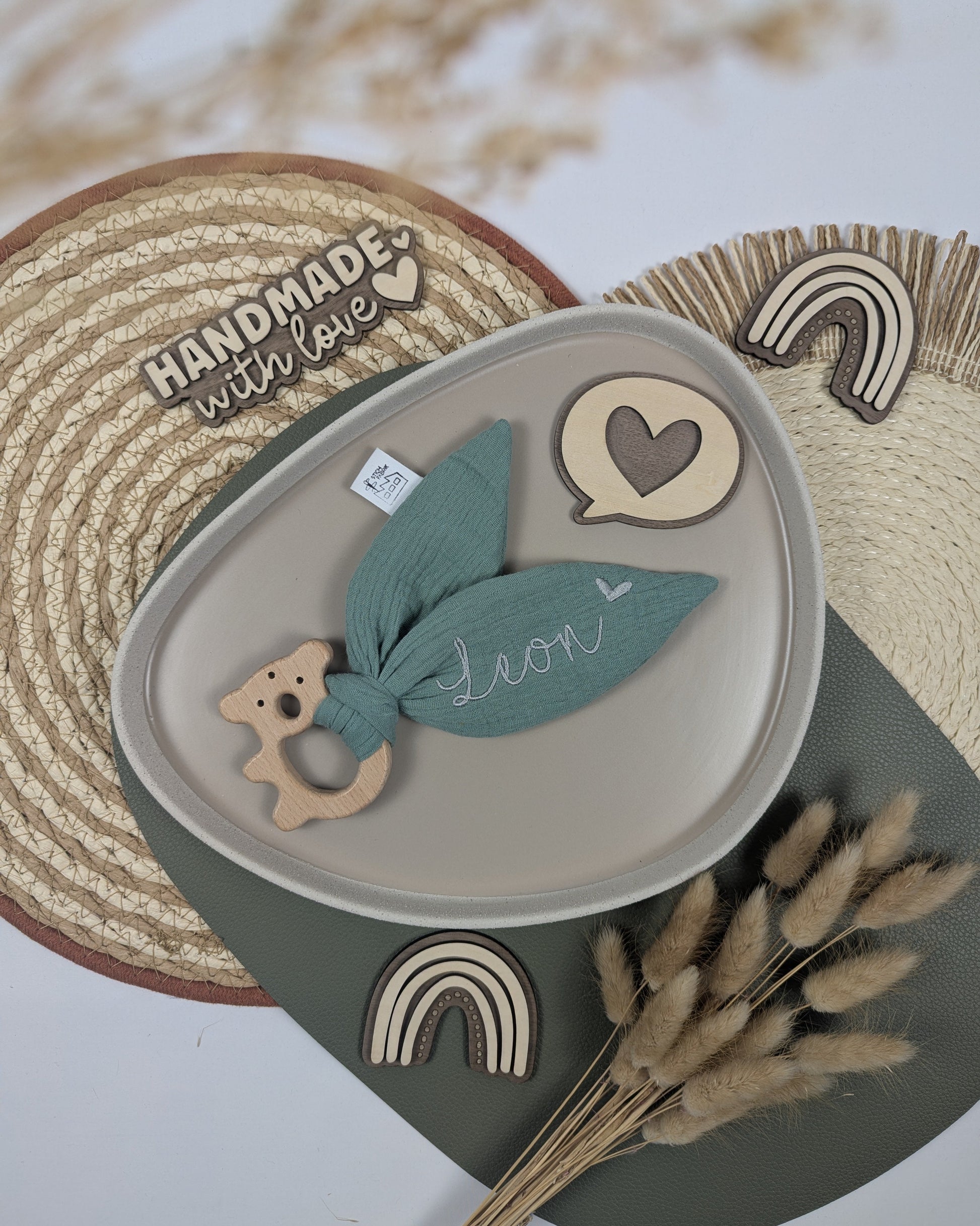 Knisterohr mit Holzgreifling Elefantengreifling Knistertuch Knisterspielzeug Geschenk zur Geburt personalisiert 