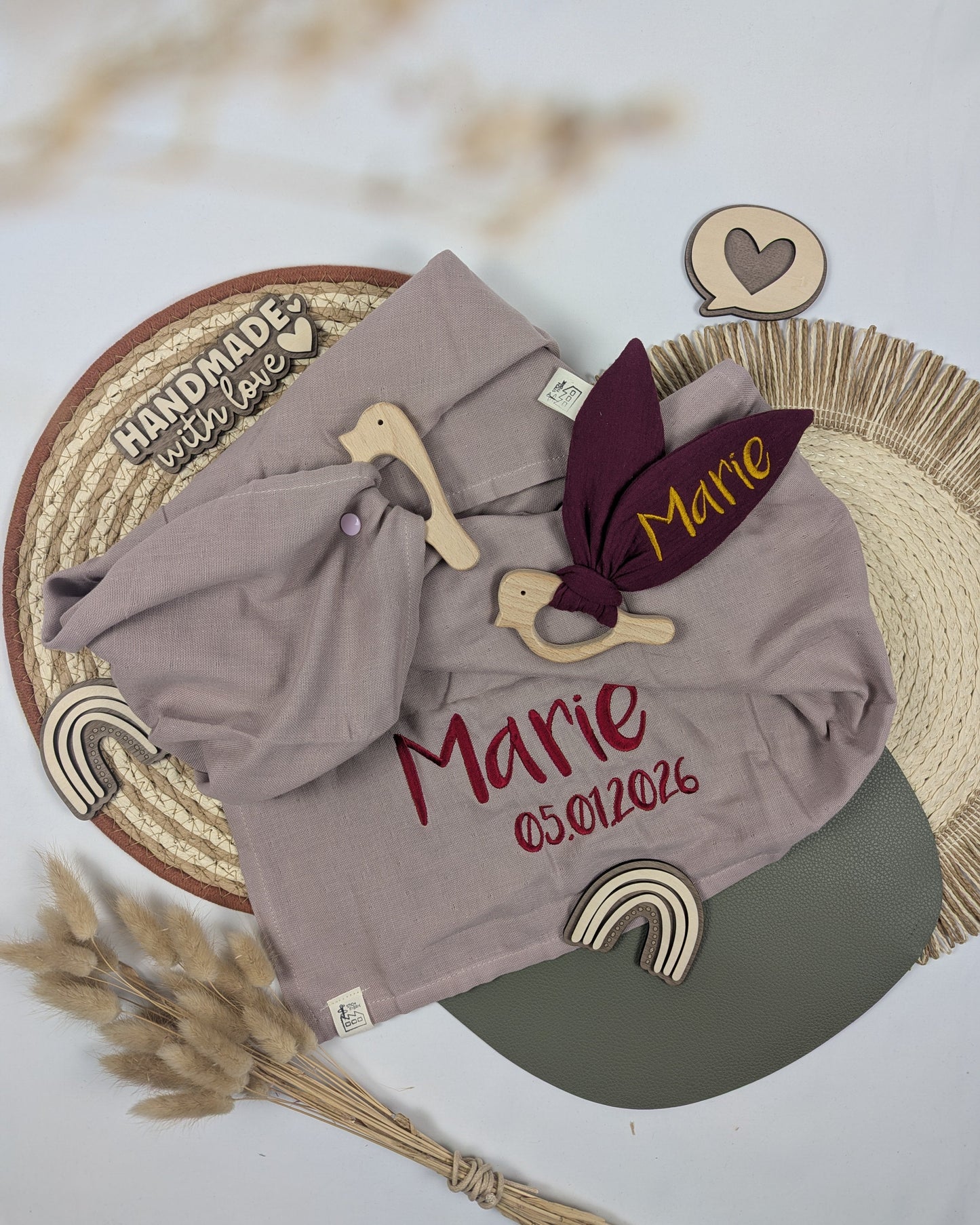 Schmusetuch Knisterohr mit Holzgreifling greifling Knistertuch Knisterspielzeug Geschenk zur Geburt personalisiert