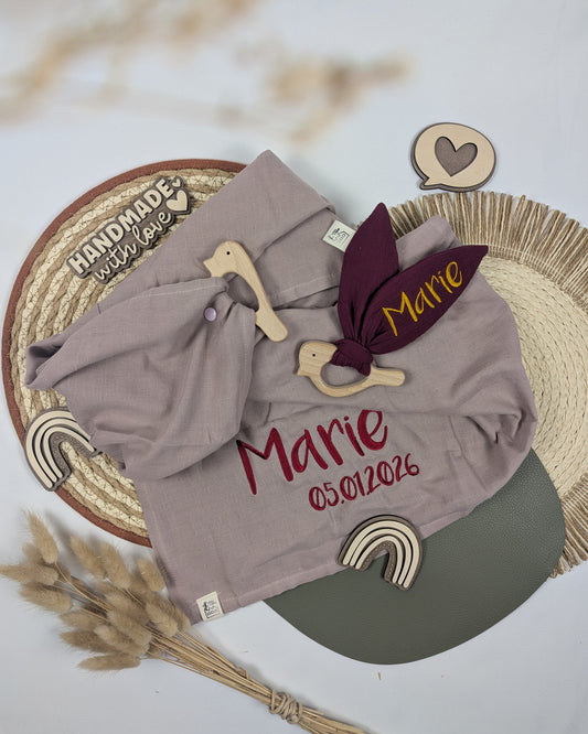 Schmusetuch Knisterohr mit Holzgreifling greifling Knistertuch Knisterspielzeug Geschenk zur Geburt personalisiert