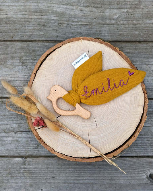 Knisterohr mit Holzgreifling Tierform Knistertuch Knisterspielzeug Rassel bestickt mit Name personalisiert