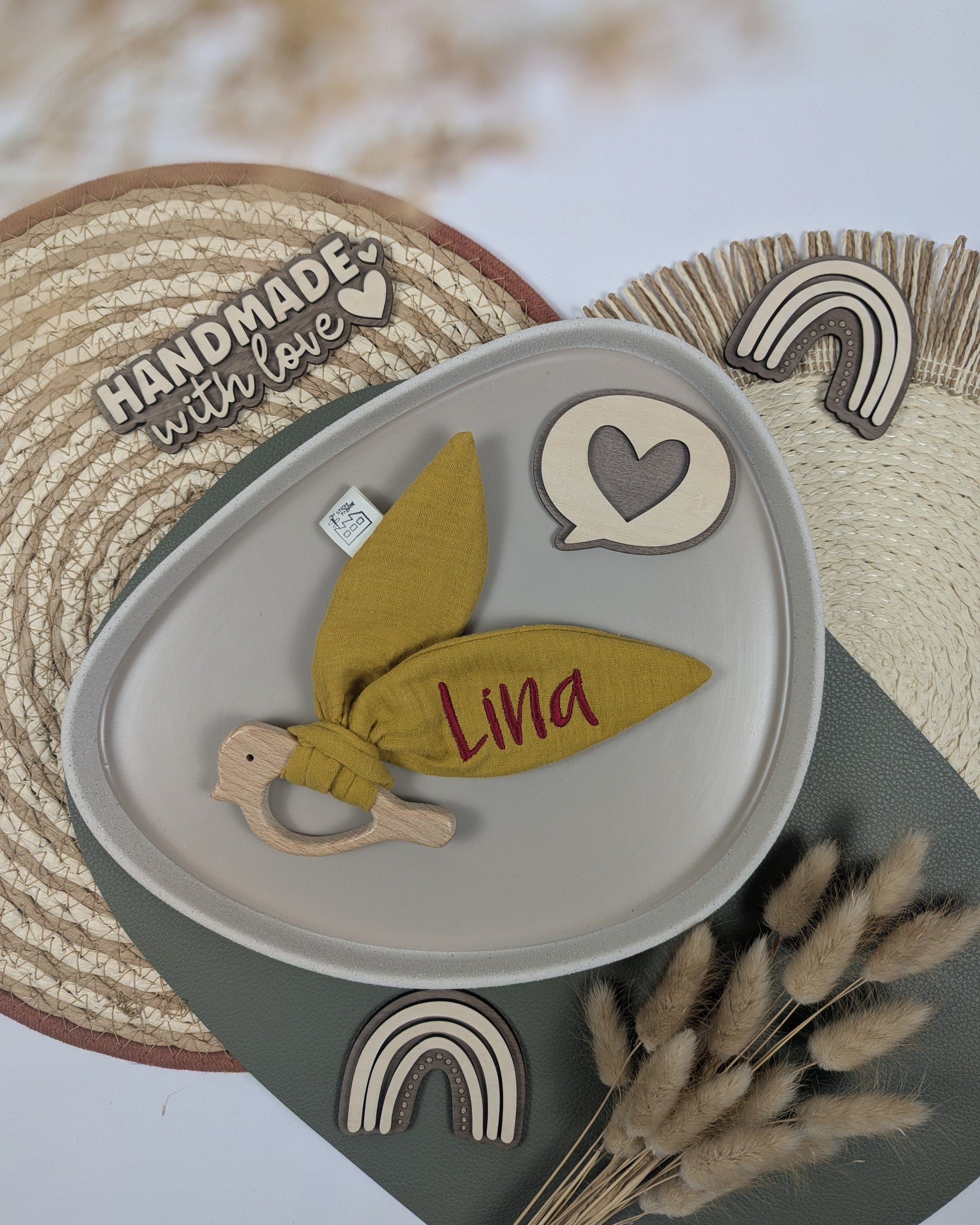 Knisterohr mit Holzgreifling Vogelgreifling Knistertuch Knisterspielzeug Geschenk zur Geburt personalisiert
