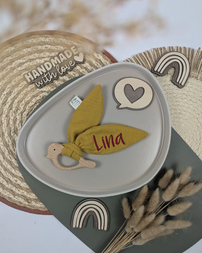 Knisterohr mit Holzgreifling greifling Knistertuch Knisterspielzeug Geschenk zur Geburt personalisiert Musselin Baumwolle