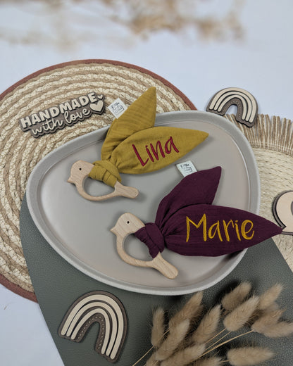 Knisterohr mit Holzgreifling Elefantengreifling Knistertuch Knisterspielzeug Geschenk zur Geburt personalisiert