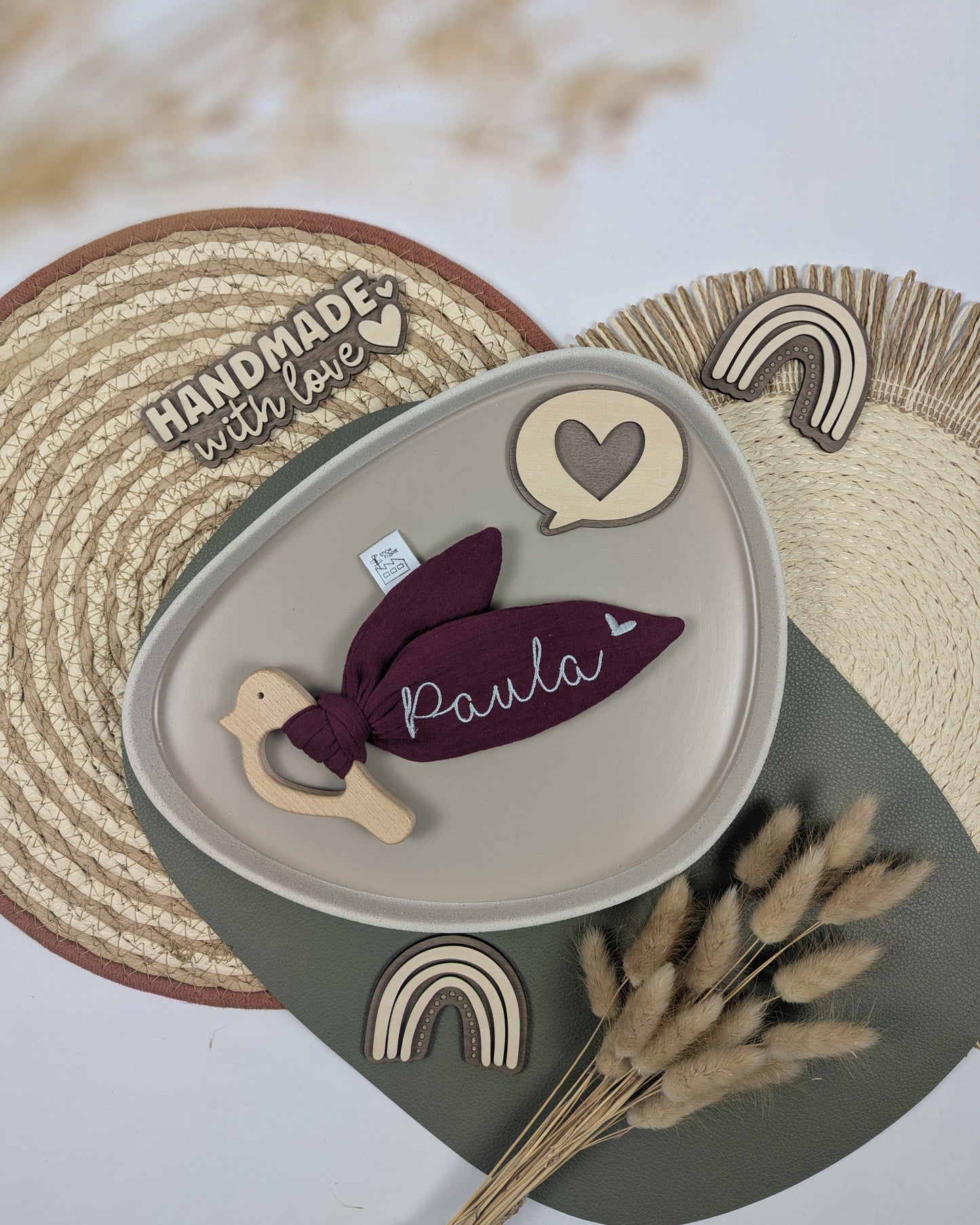 Knisterohr mit Holzgreifling Vogelgreifling Knistertuch Knisterspielzeug Geschenk zur Geburt personalisiert