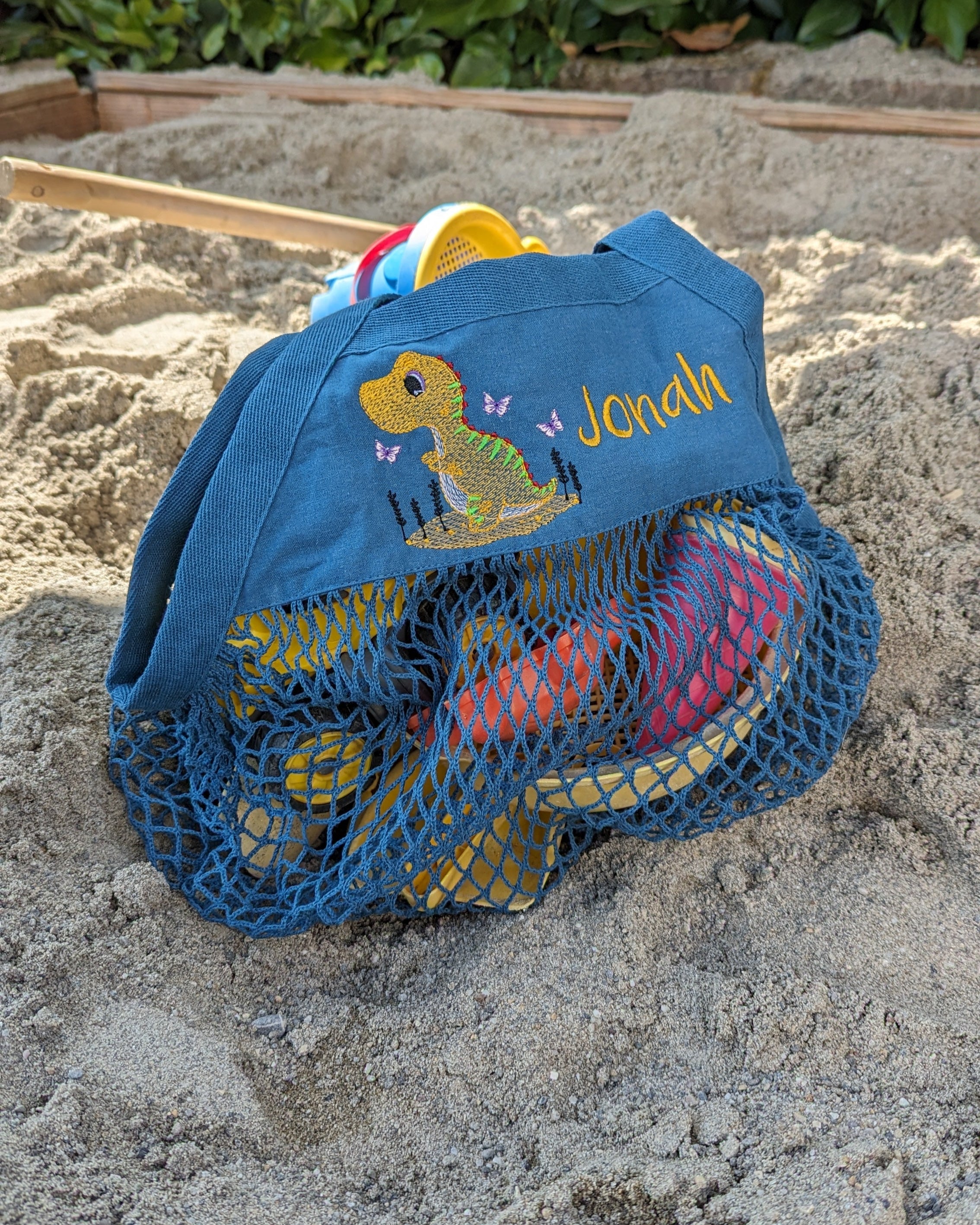 Sandkastentasche bestickt Netztasche mit Motiv und Name personalisiert