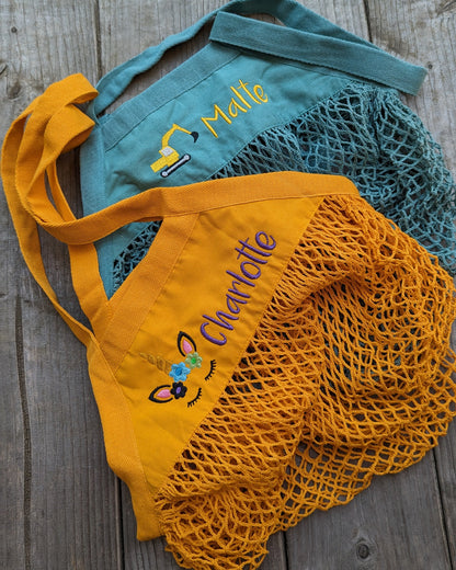 Netztasche Sandkastenbeutel Sandeltasche Sandkastentasche personalisiert bestickt