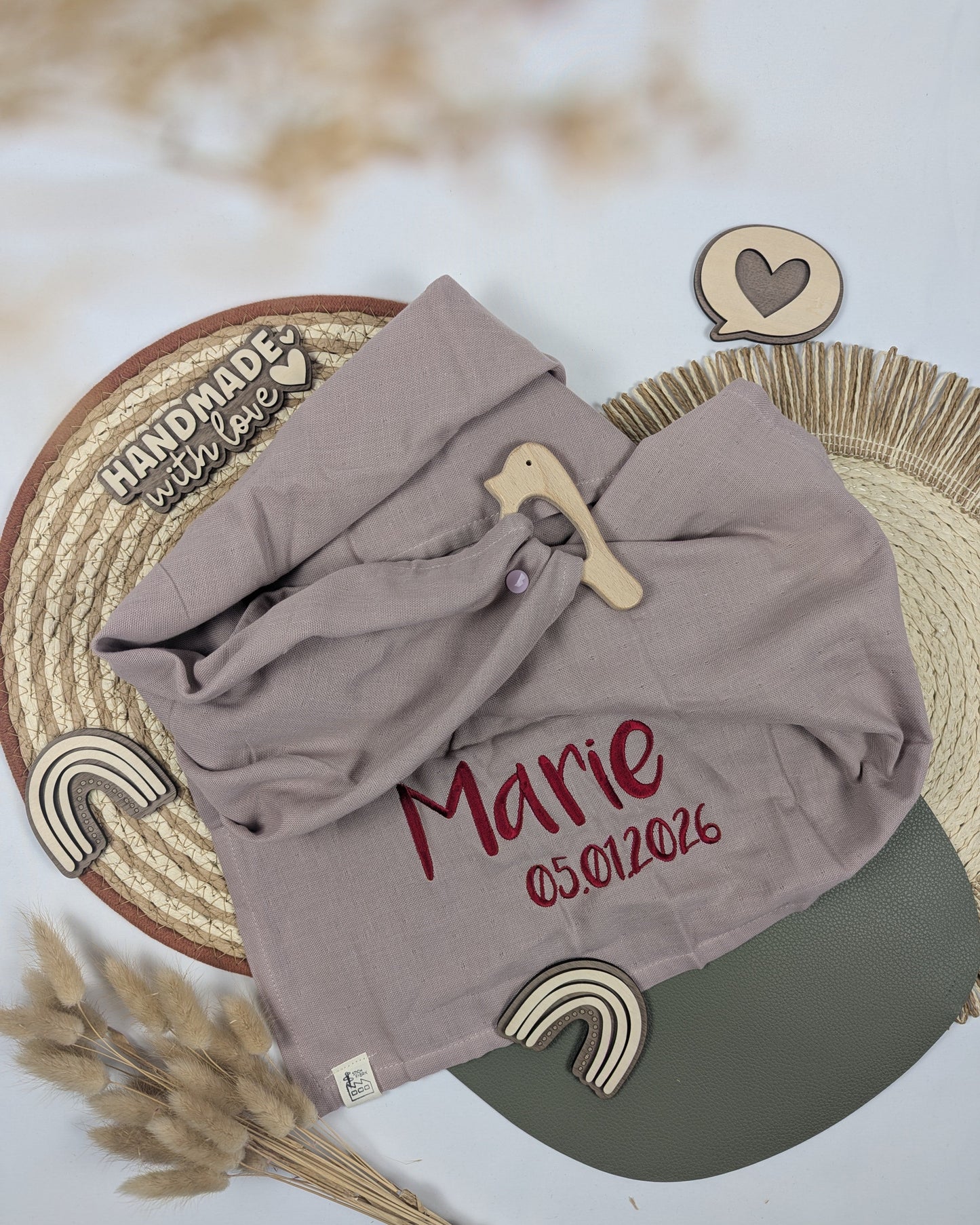 Schmusetuch mit Holzgreifling greifling Spucktuch Geschenk zur Geburt personalisiert