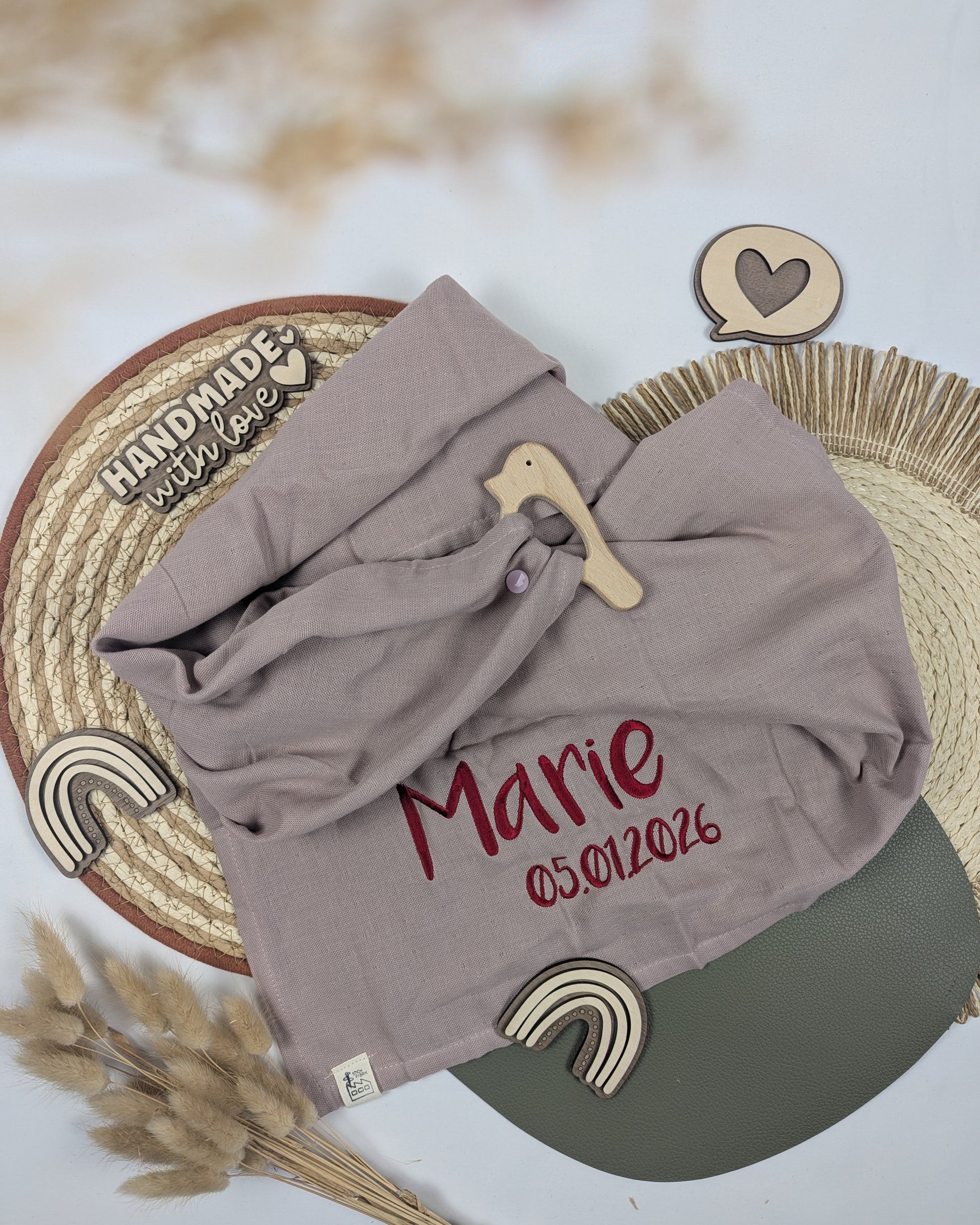 Schmusetuch mit Holzgreifling greifling Spucktuch Geschenk zur Geburt personalisiert