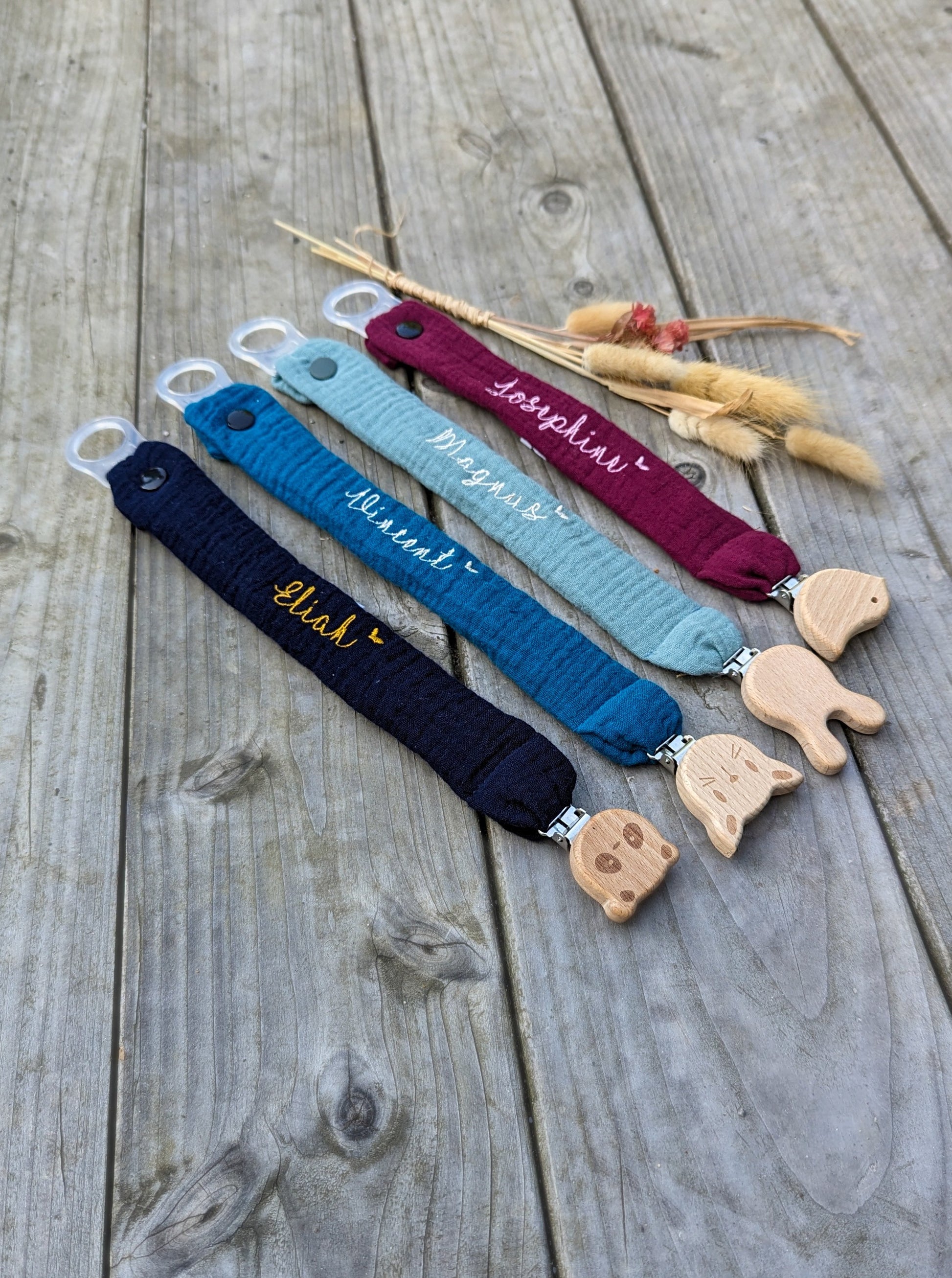 Schnullerkette, Schnullerband Musselin mit Personalisierung Tierclip Holzclip