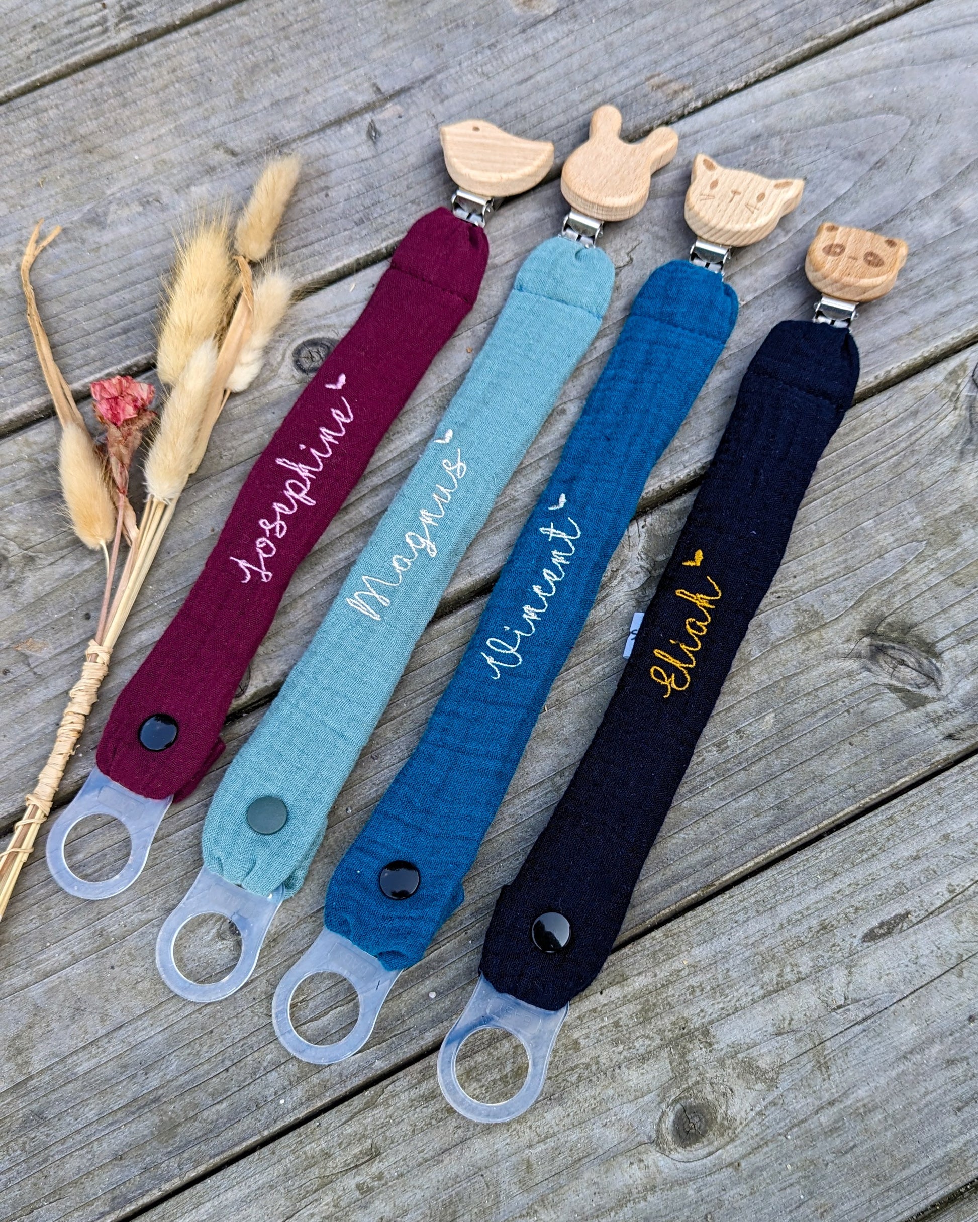 Schnullerband Schnullerkette bestickt personalisiert mit Name Tierclip Holzclip