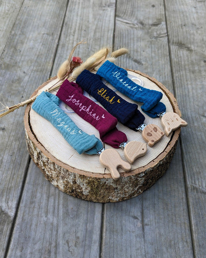 Schnullerkette, Schnullerband aus Musselin mit Personalisierung Tierclip Holzclip