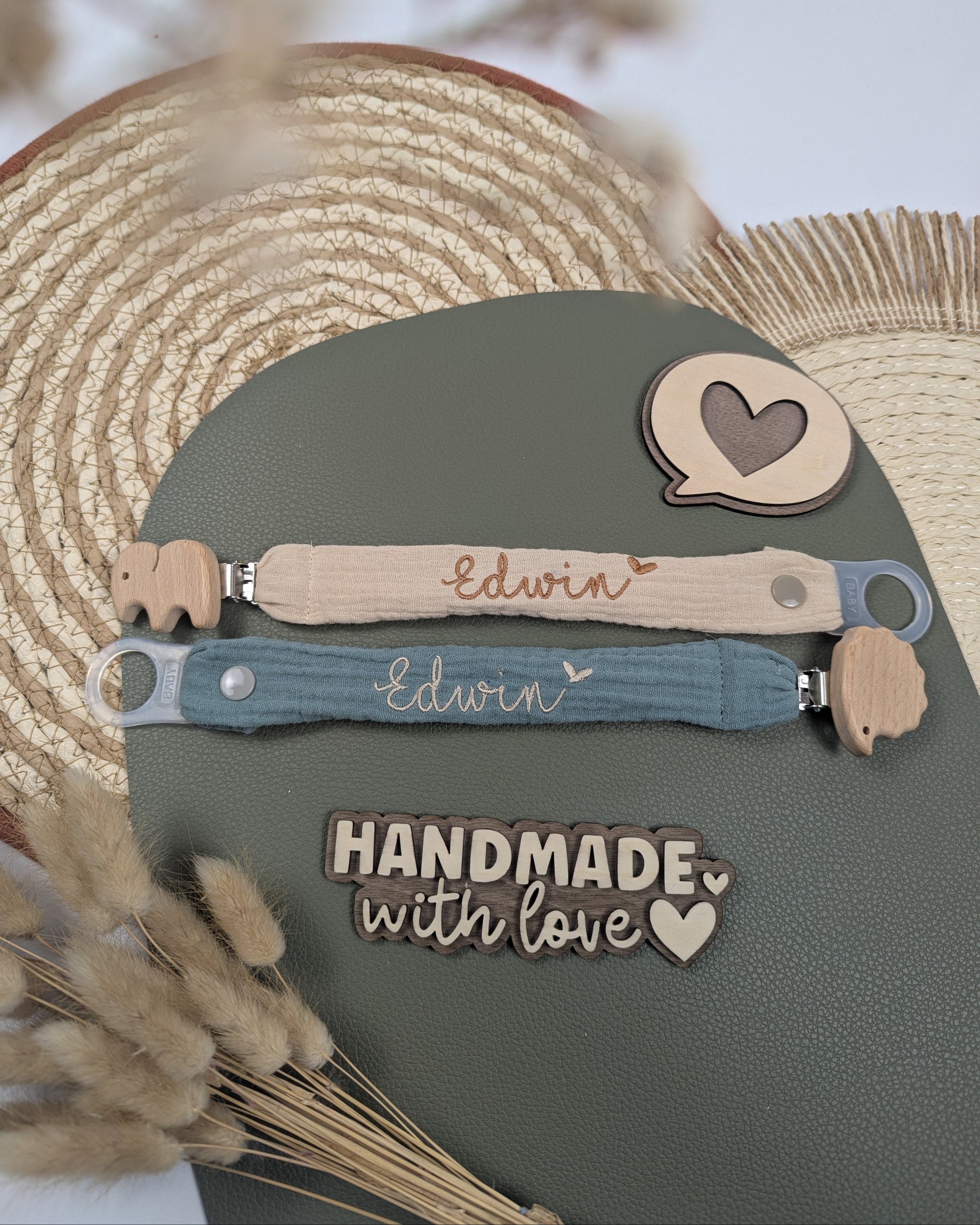 Schnullerband aus Musselin Holzclip Tierform Schnullerhalter Schnullerkette Nuckikette