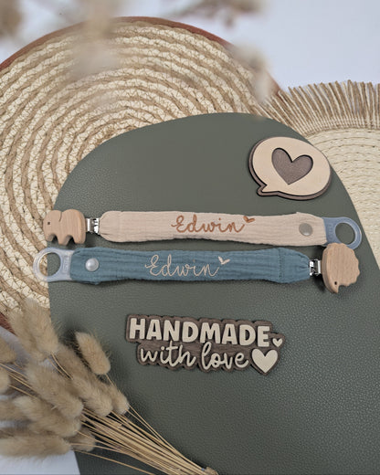 Schnullerband aus Musselin Holzclip Tierform Schnullerhalter Schnullerkette Nuckikette