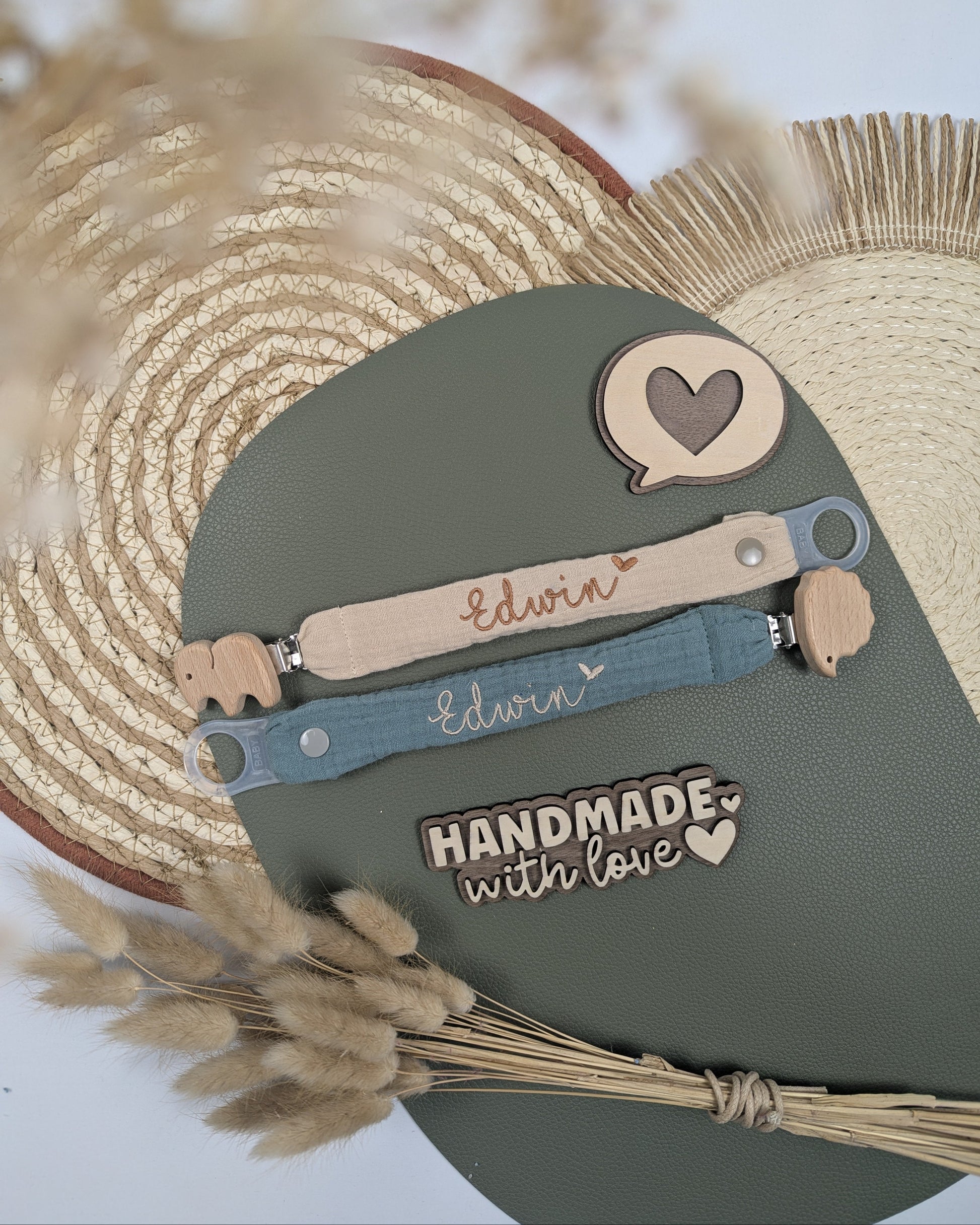 Schnullerband aus Musselin Holzclip Tierform Schnullerhalter Schnullerkette Nuckikette