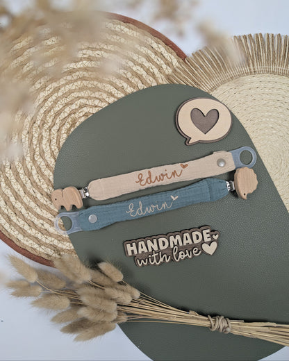 Schnullerband aus Musselin Holzclip Tierform Schnullerhalter Schnullerkette Nuckikette