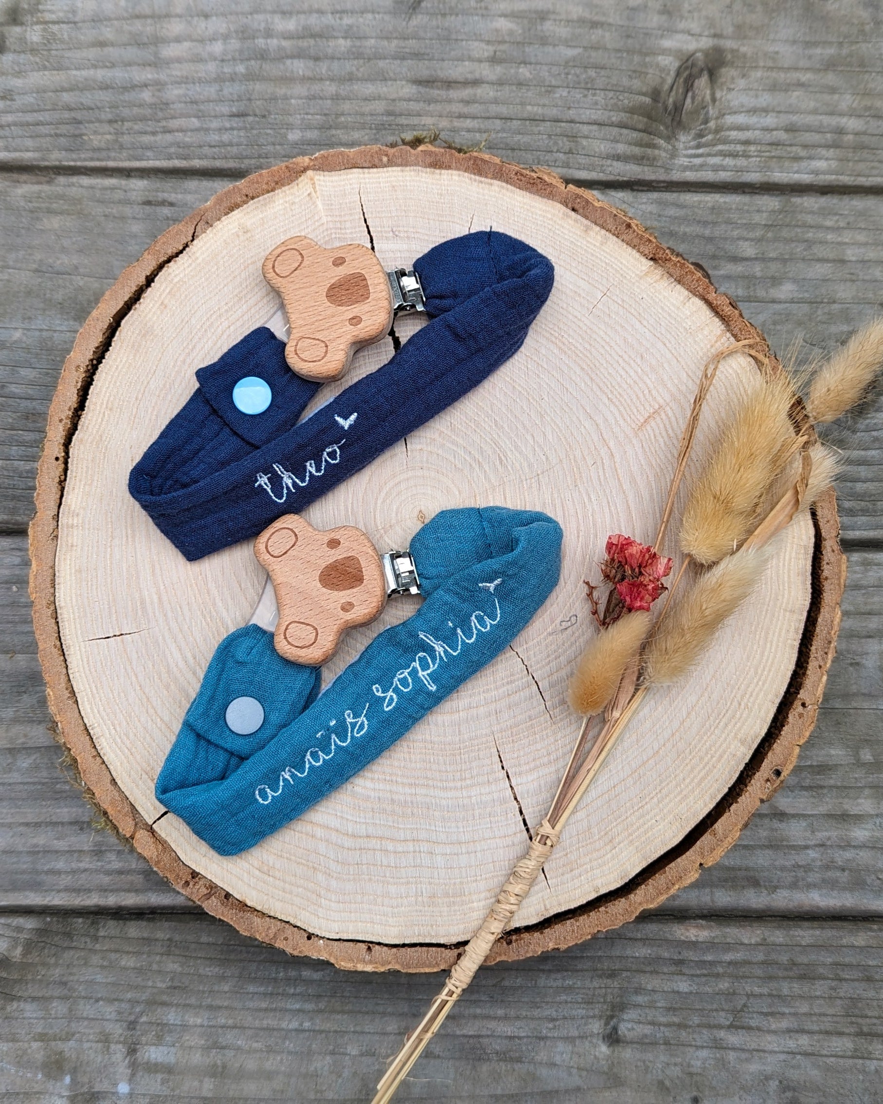 Schnullerband personalisiert Schnullerkette mit Tierclip Holzclip