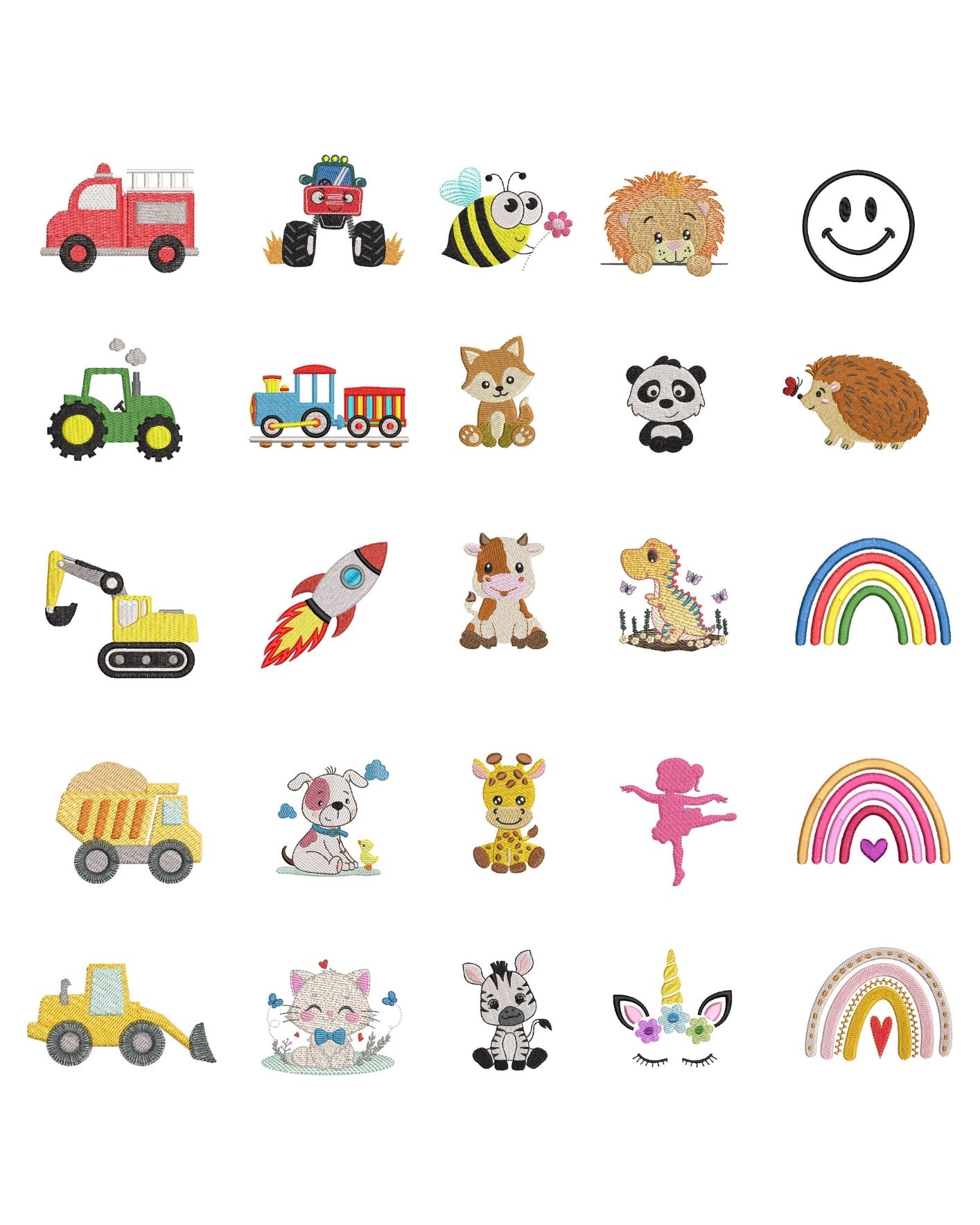 Motivauswahl Stickmotive Bilder Aufdruck Tiermotiv Traktor Baumaschinen Prinzessin Regenbogen Rakete Bagger Baby