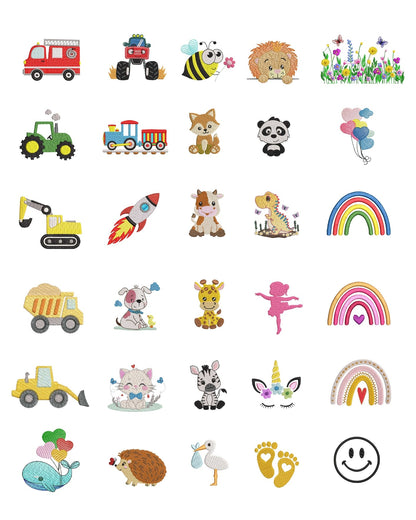 Motivauswahl Stickmotive Bilder Aufdruck Tiermotiv Traktor Baumaschinen Prinzessin Regenbogen Rakete Bagger Baby