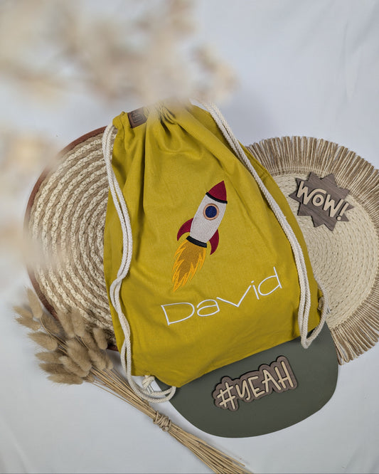 Sporttasche Turnbeutel personalisiert bestick mit Rakete und Name 
